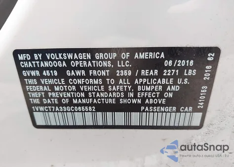 2016 Volkswagen Passat 1.8T Sel из США, поврежденный, VIN 1VWCT7A33GC065582